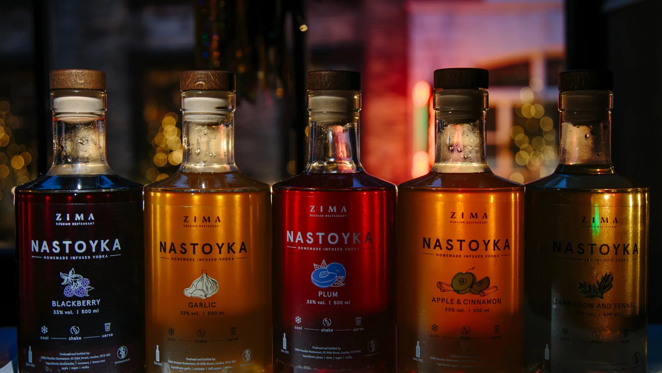 Row of house nastoyka bottles on the ZIMA bar